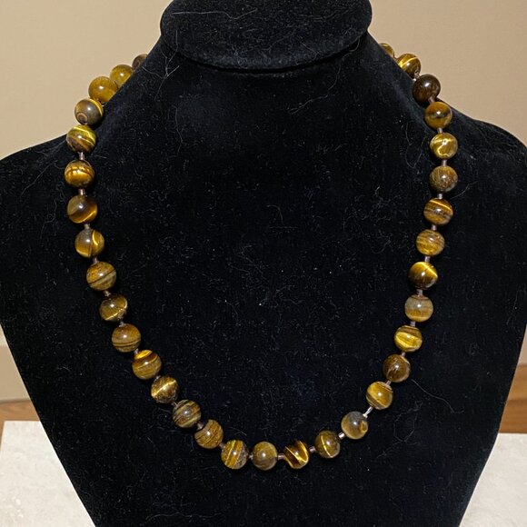 Nature Yellow Brown Tiger's Eye Necklace, Large Genuine Gemstone Beaded Necklace - Picture 3 of 9